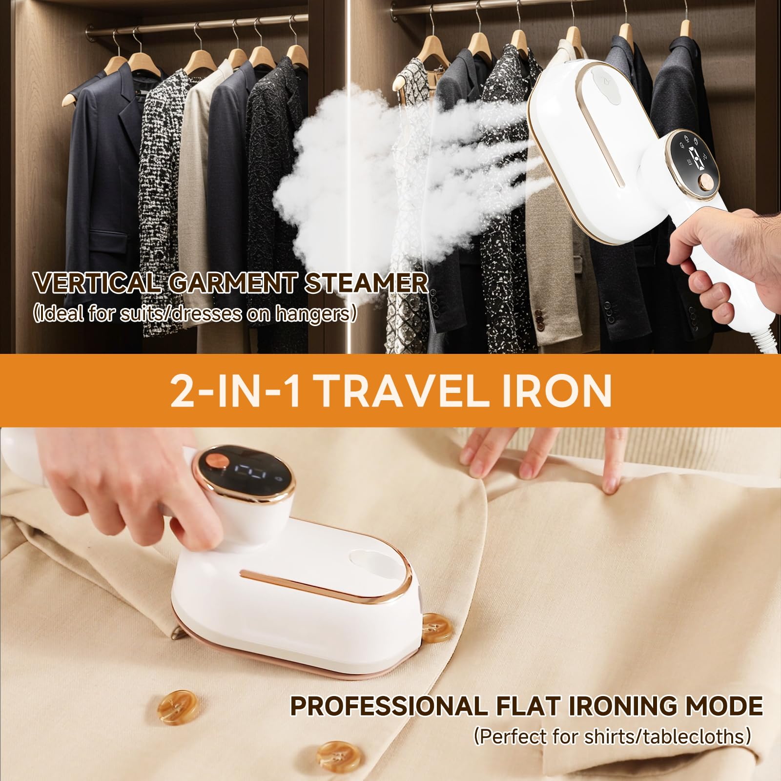 1200W Travel Steamer Iron, Rapid Heat-Up, LCD, Ceramic Soleplate