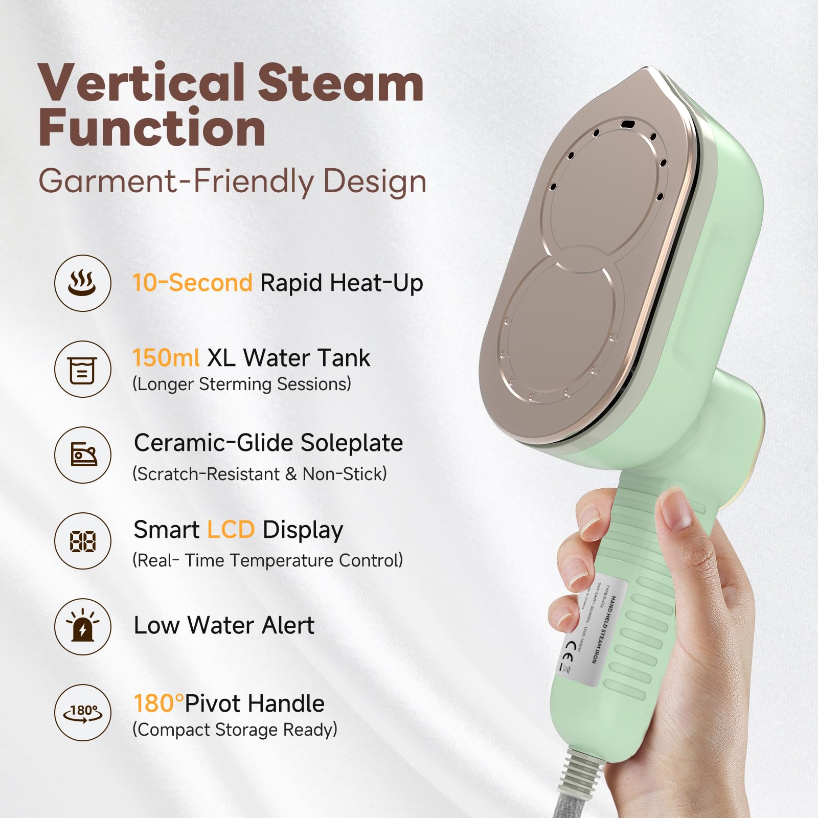 1200W Travel Steamer Iron, Rapid Heat-Up, LCD, Ceramic Soleplate