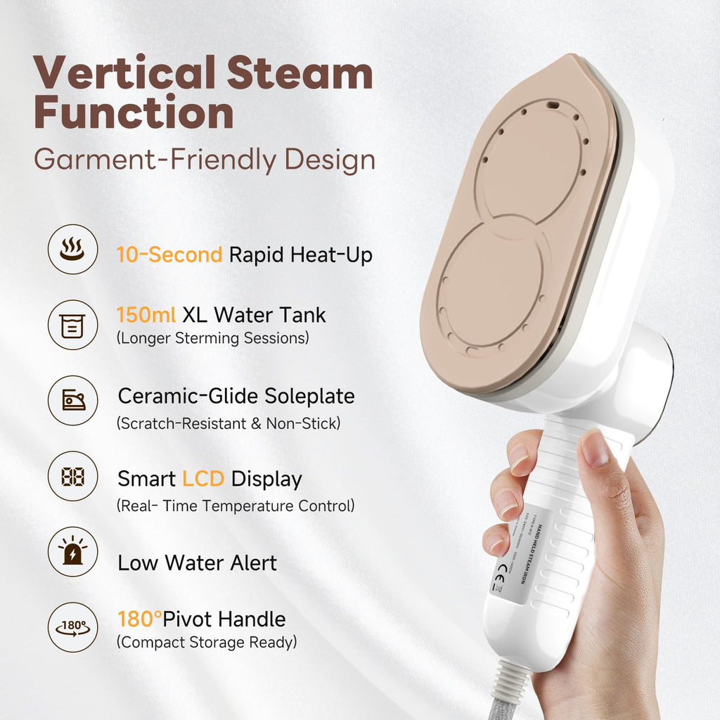 1200W Travel Steamer Iron, Rapid Heat-Up, LCD, Ceramic Soleplate